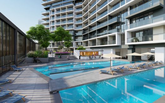 Un espace piscine extérieur luxueux d'un complexe résidentiel moderne à Dubaï, doté de chaises longues, de parasols et d'un bar adjacent, entouré d'une verdure luxuriante et d'immeubles de grande hauteur contemporains.