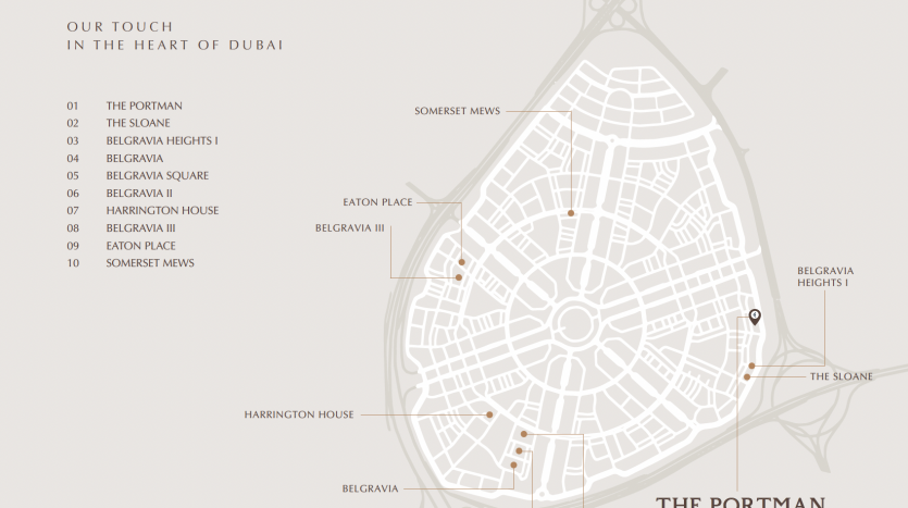 Carte mettant en valeur les monuments architecturaux du cœur de Dubaï, avec un design clair et stylisé avec des points étiquetés tels que Portman et Belgravia Square. Idéal pour les opportunités potentielles d’investissement à Dubaï.