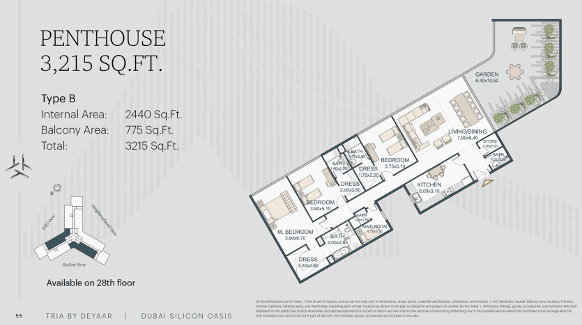 Plan d&#039;étage pour un appartement penthouse de 3 515 pieds carrés à Dubaï avec 3 chambres, 4 salles de bains, une cuisine, un salon/salle à manger, un jardin et de grands balcons, étiqueté