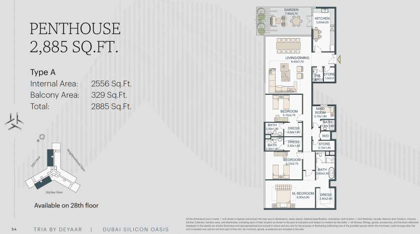 Plan d&#039;étage architectural d&#039;un type penthouse à Dubaï, détaillant les pièces et les espaces pour une superficie de 2 885 pieds carrés, situé au 28ème étage. Les zones étiquetées comprennent les chambres
