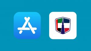 Deux icônes d'application sur fond bleu : à gauche, l'icône bleue de l'App Store avec un chiffre en bâton blanc représentant un « a » ; à droite, une icône blanche avec un bouclier coloré divisé en