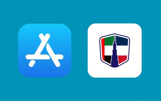 Deux icônes d'application sur fond bleu : à gauche, l'icône bleue de l'App Store avec un chiffre en bâton blanc représentant un « a » ; à droite, une icône blanche avec un bouclier coloré divisé en