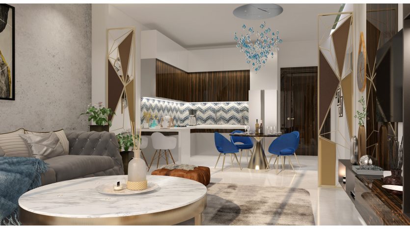Un espace de vie moderne et décloisonné dans une villa de Dubaï avec une table basse en marbre, un canapé gris et des chaises de salle à manger bleues. Des accents géométriques dorés et en miroir sur les murs et la décoration rehaussent l&#039;intérieur sophistiqué