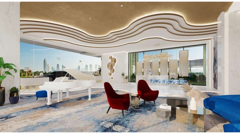 Salon moderne et luxueux avec piano à queue blanc, fauteuils d&#039;appoint rouges et canapé bleu. Dotée d&#039;élégants détails de plafond dorés et d&#039;une vue panoramique sur la ville à travers de grandes fenêtres. Décoration stylée optimisée pour l&#039;investissement