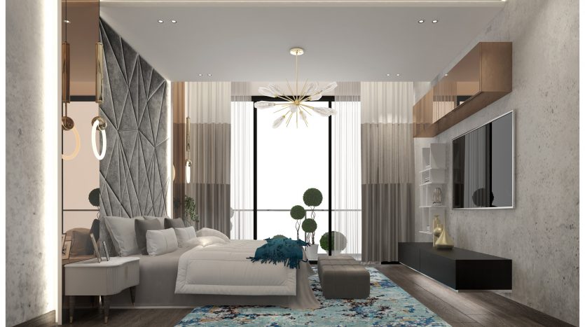 Intérieur de chambre moderne comprenant un grand lit avec des draps blancs, un jeté bleu moelleux, des baies vitrées donnant sur Dubaï, un mobilier élégant et une décoration contemporaine.
