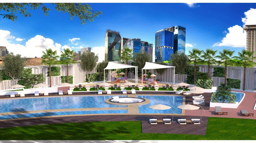 Une vue panoramique d&#039;un luxueux complexe urbain de Dubaï comprenant une grande piscine entourée de jardins luxuriants, des gratte-ciel modernes en arrière-plan et des espaces de détente avec parasols.