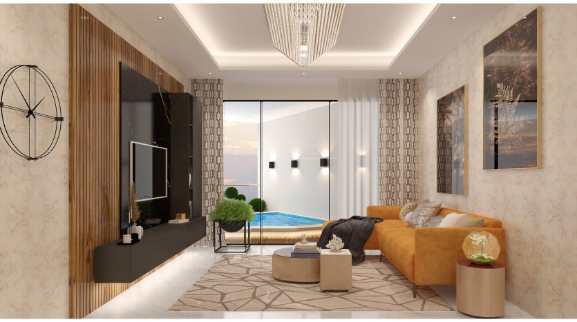 Salon luxueux dans une villa de Dubaï avec un canapé moutarde, une décoration moderne et de grandes fenêtres offrant une vue sur la piscine et le coucher du soleil. Les caractéristiques comprennent un éclairage élégant, des plantes et de l&#039;art contemporain.