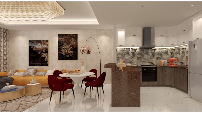 Une cuisine moderne avec un îlot en marbre et des appareils électroménagers élégants dans une villa à Dubaï. A côté se trouve une salle à manger confortable avec une table ronde, des chaises rouges et un canapé sous une décoration murale artistique. Lumineux et