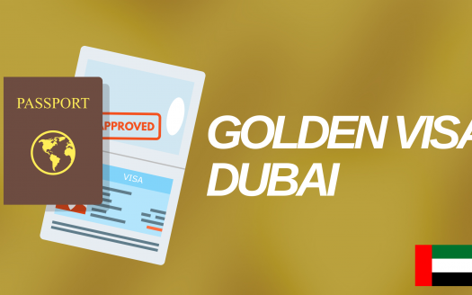 Un graphique d&#039;un passeport et d&#039;un document de visa approuvé avec le texte « Golden Visa Dubai » et le drapeau des Émirats arabes unis sur fond doré, mettant en évidence les opportunités dans l&#039;immobilier Dubaï.