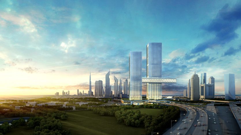 Paysage urbain futuriste avec des gratte-ciel élégants et une route surélevée reliant deux bâtiments, vue sur un parc verdoyant et une autoroute très fréquentée à l&#039;aube, capturant l&#039;essence de la villa Dubaï.
