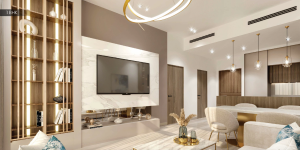 Une villa moderne à Dubaï avec une décoration élégante, comprenant une grande télévision sur un mur en marbre, des meubles élégants, un éclairage décoratif et des étagères élégantes avec des ornements.