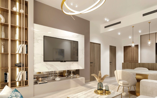 Une villa moderne à Dubaï avec une décoration élégante, comprenant une grande télévision sur un mur en marbre, des meubles élégants, un éclairage décoratif et des étagères élégantes avec des ornements.