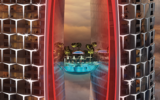 Un paysage urbain futuriste à Dubaï au coucher du soleil, avec une piscine suspendue entre deux immeubles de grande hauteur, illuminée par le crépuscule et ornée d'une foule vibrante et animée.