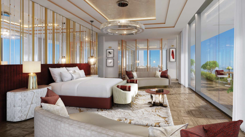Suite d&#039;hôtel luxueuse à Dubaï comprenant un lit king-size, un coin salon élégant et de grandes fenêtres avec vue sur la côte. Le design intérieur comprend un éclairage moderne et des touches de bois.