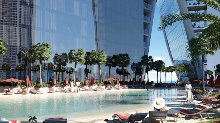 Une piscine luxueuse entourée de palmiers luxuriants avec des immeubles modernes de grande hauteur en arrière-plan, parfaite pour ceux qui envisagent un investissement à Dubaï. Des chaises longues et des parasols bordent la piscine, pendant que les clients profitent