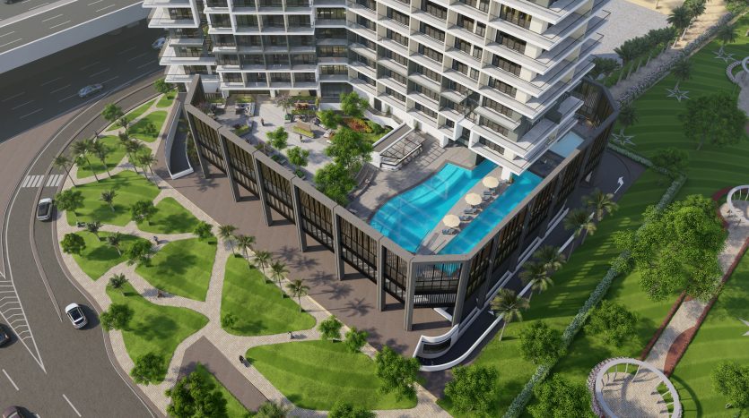 Vue aérienne d&#039;une villa moderne à Dubaï avec piscine, entourée d&#039;un aménagement paysager verdoyant et de routes adjacentes.