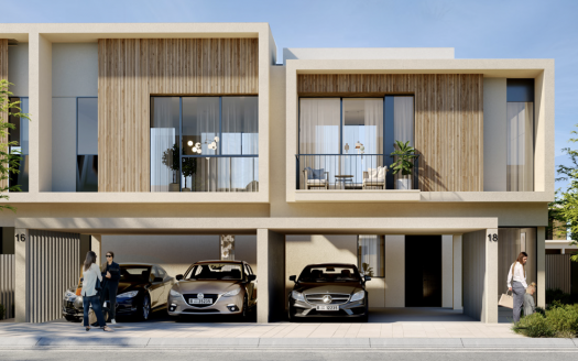 Duplex moderne de deux étages à Dubaï avec des accents de panneaux en bois, comprenant un parking couvert, des balcons et des piétons marchant devant.