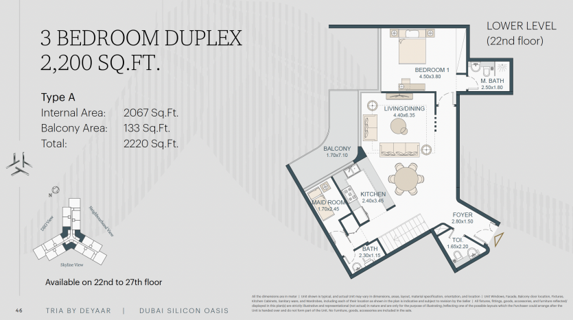 Plan d&#039;étage architectural d&#039;un appartement duplex de 3 chambres à Dubaï, montrant la disposition des niveaux inférieurs et supérieurs, y compris les dimensions et les étiquettes des pièces pour les espaces de vie, les chambres, la cuisine et