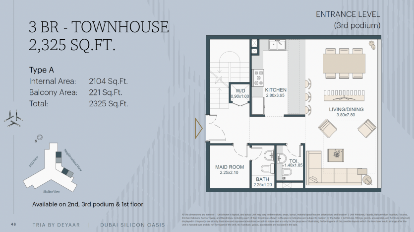 Plan d&#039;étage d&#039;une villa de 3 chambres à Dubaï avec 2 325 pieds carrés, détaillant les pièces comme la cuisine, le salon/salle à manger, les salles de bains et le balcon. Comprend la répartition de la superficie en pieds carrés et les informations sur la disponibilité