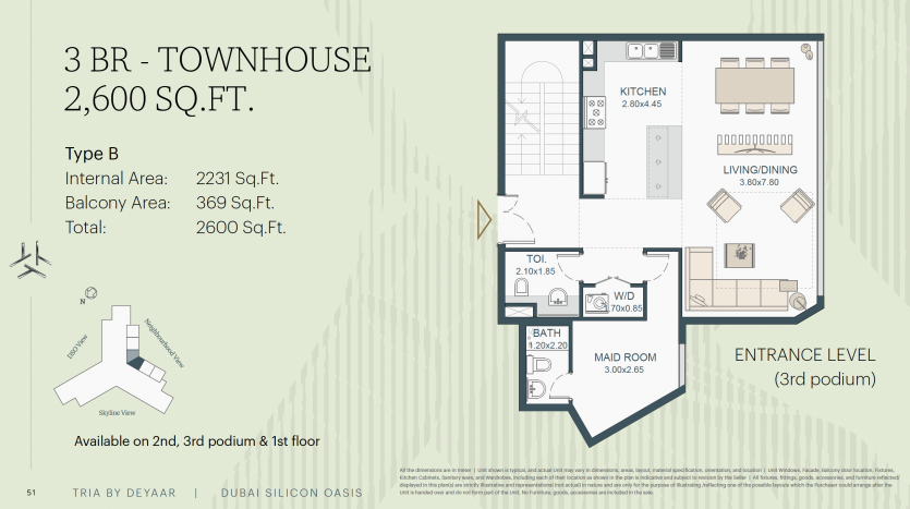 Plan d&#039;étage d&#039;une maison de ville de 3 chambres à Dubaï d&#039;une superficie totale de 2 600 pieds carrés, comprenant une cuisine, un salon, 2 salles de bains et des pièces supplémentaires, disponibles