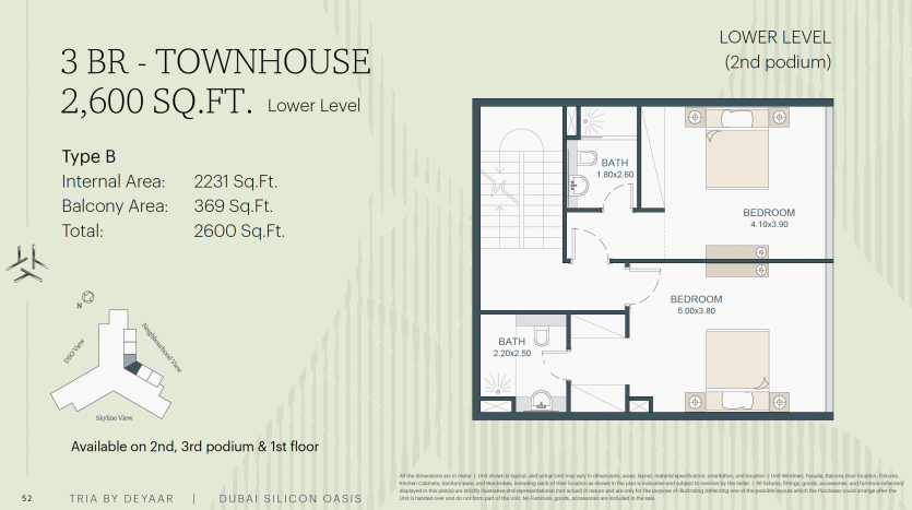 Plan d&#039;étage d&#039;une maison de ville de 3 chambres avec une superficie totale de 2 600 pieds carrés, montrant les espaces internes, les chambres et les salles de bains disponibles aux 2e, 3e et