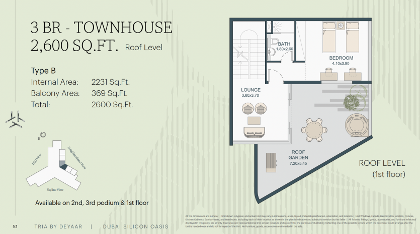 Image d&#039;un plan d&#039;étage pour une villa de 3 chambres à coucher à Dubaï Silicon Oasis comprenant un salon, une cuisine, trois salles de bains et un balcon. Le texte fournit des détails sur les dimensions et la disponibilité. Les icônes indiquent les escaliers et