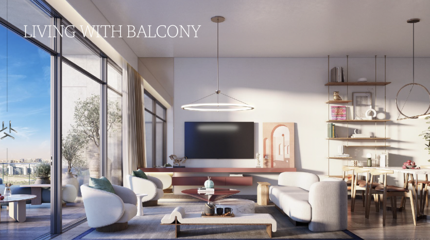 Un salon moderne et spacieux dans un appartement de Dubaï avec un grand balcon et de grandes fenêtres donnant sur un paysage urbain. Il dispose d&#039;un mobilier élégant, d&#039;un coin repas et d&#039;un éclairage chaleureux.