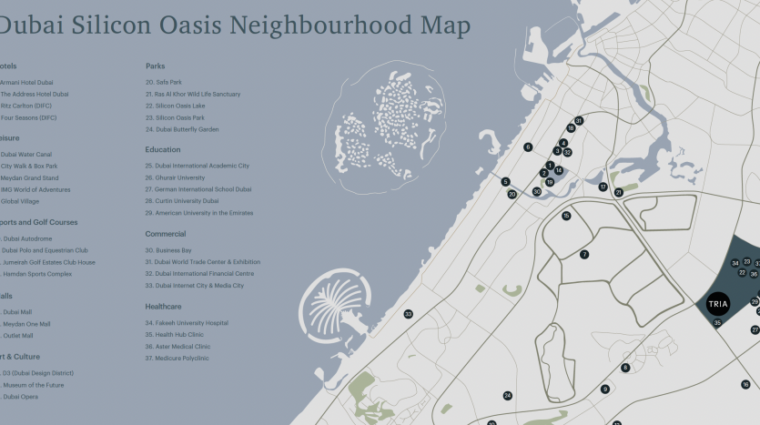 Carte de Dubai Silicon Oasis, mettant en évidence diverses zones résidentielles, parcs technologiques, établissements d&#039;enseignement, installations sportives et zones commerciales avec des icônes et des légendes. Idéal pour ceux qui sont intéressés par l&#039;investissement à Dubaï ou qui recherchent une agence