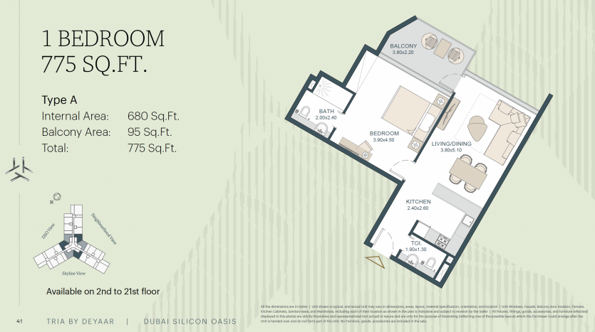 Plan d&#039;étage d&#039;un appartement 1 chambre (type a) comprenant un salon, une cuisine, une chambre, une salle de bain et un balcon à Dubaï, avec des détails en pieds carrés. Les symboles indiquent sa disponibilité à partir du