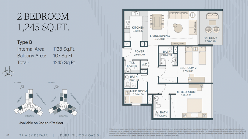 Un plan architectural d&#039;un appartement de 1 245 pieds carrés à Dubaï. Il comprend deux chambres, trois salles de bains, une cuisine, un salon/salle à manger et un balcon. Les icônes indiquent que l&#039;appartement est