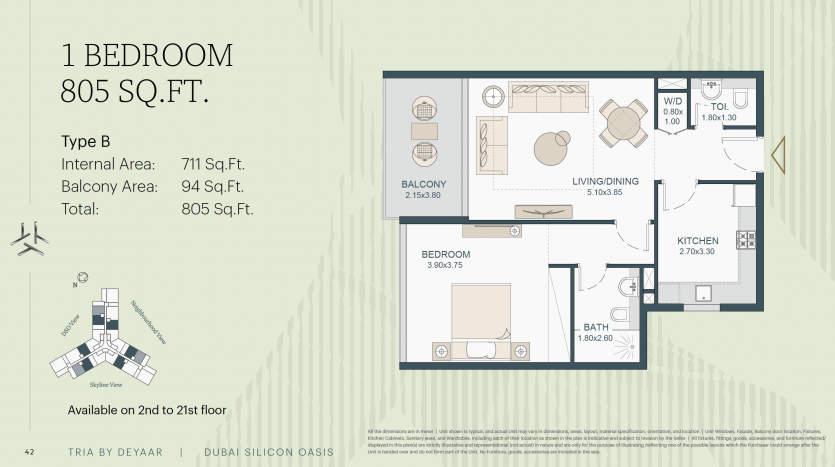 Plan d&#039;étage pour un appartement 1 chambre à Dubaï de type B de 805 pieds carrés, montrant la disposition du balcon, de la chambre, de la salle de bain, de la cuisine et du salon, étiqueté et disponible auprès du