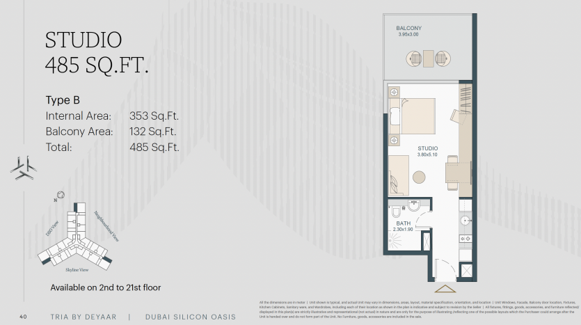 Plan d&#039;étage d&#039;un studio de 485 pieds carrés à Dubaï comprenant un balcon, une salle de bains, une cuisine et un coin chambre, étiqueté « type B » et disponible aux étages 2 à 21.