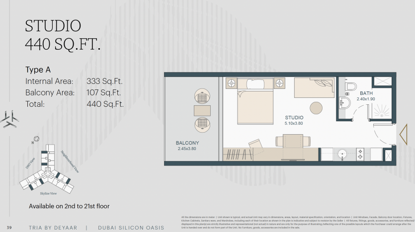 Plan d&#039;étage architectural pour un appartement de type studio à Dubaï, détaillant la disposition des pièces, l&#039;emplacement des meubles et le balcon, situé du 2e au 21e étage. Les notations incluent les dimensions pour