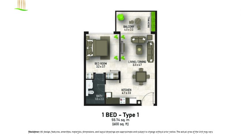Un plan d&#039;étage d&#039;un appartement 1 chambre à Dubaï comprenant une cuisine, une salle de bains, un salon et un balcon aux dimensions marquées, aperçu meublé avec décor.