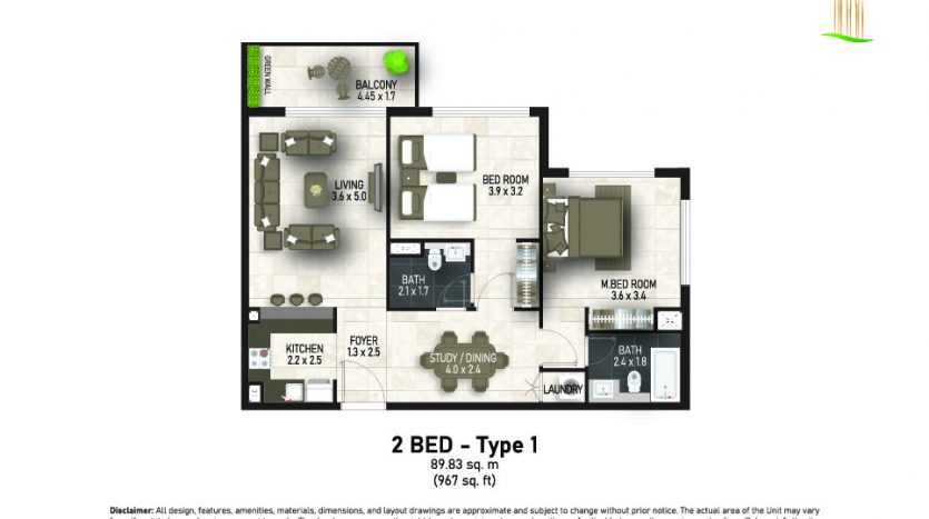 Plan d'étage d'un appartement de 2 chambres à Dubaï comprenant un salon, une cuisine, un bureau, deux chambres, deux salles de bains et un balcon. Comprend des dimensions et des notes sur les caractéristiques de conception modifiables.