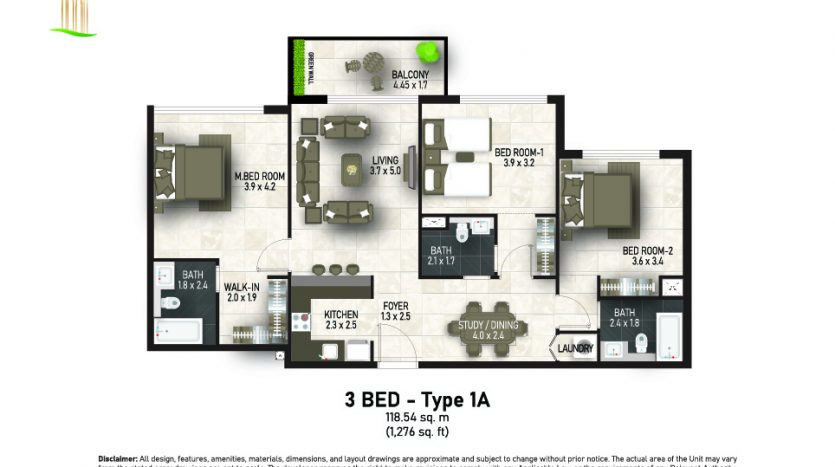 Plan d&#039;étage architectural pour une villa de 3 chambres à Dubaï, montrant la disposition détaillée comprenant la cuisine, les salles de bains, le salon et le balcon, tous étiquetés avec leurs dimensions.