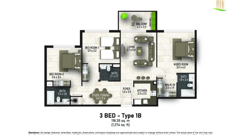 Plan d&#039;étage d&#039;un *appartement Dubaï* de 3 chambres comprenant un salon, une cuisine, un bureau, trois salles de bains, un balcon et des mesures. Le design comprend des agencements de meubles de couleur neutre