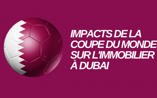 Un graphique représentant un ballon de football divisé en deux moitiés, une moitié surélevée, sur un fond violet. Le texte indique « impacts de l'investissement immobilier à Dubaï lors de la coupe