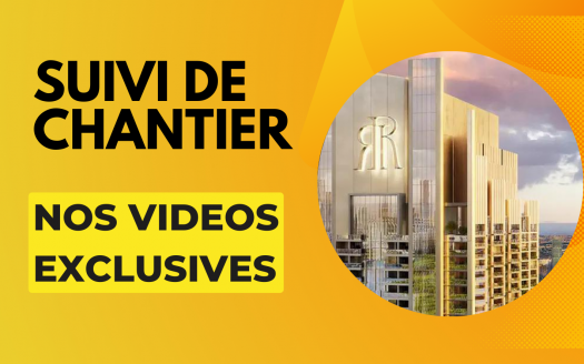 Bannière graphique avec texte « suivi de chantier nos vidéos exclusives » sur fond divisé ; à gauche, un coucher de soleil doré, et à droite, un rendu architectural d'une villa moderne