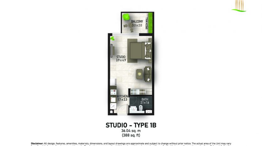 Un plan d&#039;étage du studio 1b, mesurant 388,4 pieds carrés à Dubaï. Le plan montre les zones désignées pour un balcon, une salle de bains, un espace de vie/chambre et une cuisine,