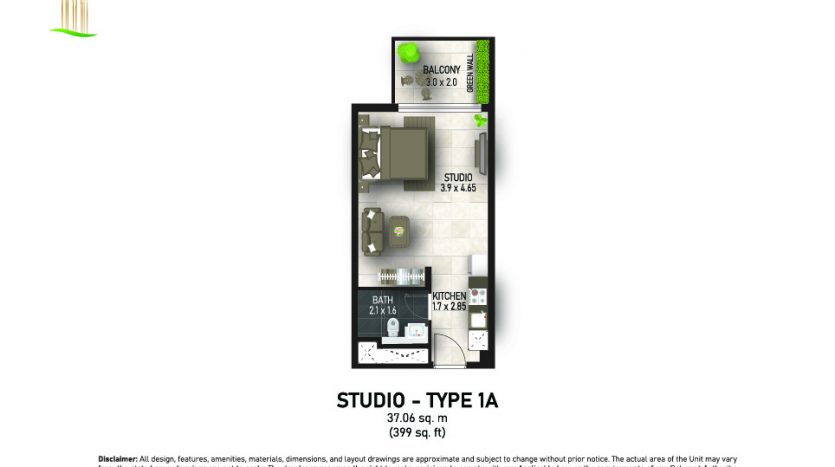 Plan d&#039;étage d&#039;un studio à Dubaï, type 1a, avec dimensions indiquées. L&#039;aménagement comprend un balcon, une kitchenette et une salle de bains, texte et avertissements fournis en bas.