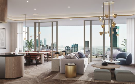 Salon moderne avec un mobilier élégant et de grandes fenêtres donnant sur un paysage urbain de Dubaï. La chambre dispose d&#039;un coin salon confortable, d&#039;une kitchenette élégante et d&#039;une décoration élégante.