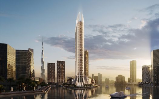 Un paysage urbain futuriste au coucher du soleil avec une tour élégante et haute au bord de l'eau, avec des bâtiments modernes et des bateaux sur l'eau, sous un ciel partiellement nuageux. Il convient de noter l'importance du luxueux Dubaï