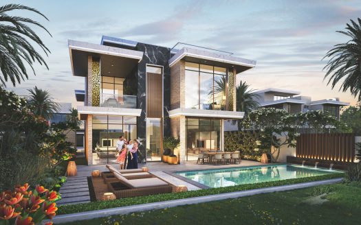Une villa moderne et luxueuse à Dubaï avec de grandes fenêtres en verre et une architecture élégante, comprenant une piscine, des sièges extérieurs et une famille de quatre personnes profitant d'un moment de joie au bord de la piscine au crépuscule.