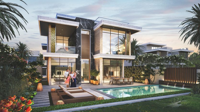 Une villa moderne et luxueuse à Dubaï avec de grandes fenêtres en verre et une architecture élégante, comprenant une piscine, des sièges extérieurs et une famille de quatre personnes profitant d&#039;un moment de joie au bord de la piscine au crépuscule.