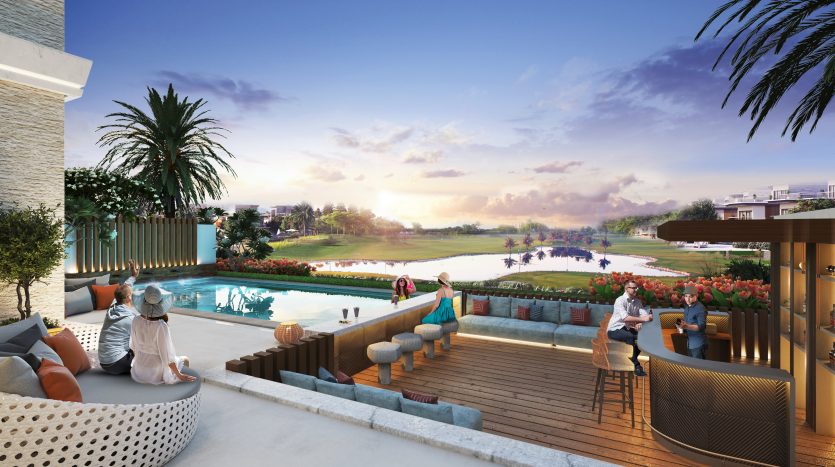 Rendu d&#039;une luxueuse terrasse au bord de la piscine d&#039;une villa de Dubaï surplombant un parcours de golf au coucher du soleil, avec des gens socialisant et profitant de la vue.