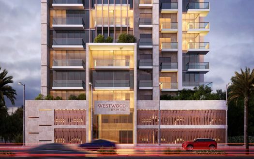 Un rendu numérique du Westwood d'Imtiaz, un immeuble moderne de grande hauteur avec une façade éclairée, un éclairage spectaculaire et une circulation floue au premier plan au crépuscule, mettant en valeur le principal investissement de Dubaï.