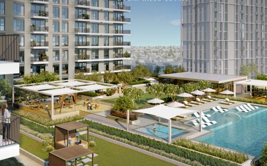 Un jardin moderne sur le toit et une piscine sur des immeubles de grande hauteur à Dubaï avec des gens qui se détendent, entourés d&#039;un aménagement paysager luxuriant et d&#039;un paysage urbain en arrière-plan.