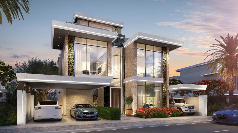 Villa de luxe moderne de deux étages à Dubaï avec de grandes fenêtres, un intérieur éclairé et une allée avec trois voitures garées, entourée de palmiers et d&#039;aménagements paysagers, au crépuscule.