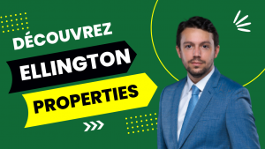 Graphique promotionnel représentant un homme professionnel en costume à droite, avec le texte « découvrez Ellington Properties » dans des styles de police dynamiques sur fond vert avec un design abstrait jaune et blanc